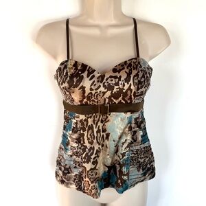 Arden B Y2K Silk Leopard Print Cami Top Blue Accent Belted Spaghetti Strap XS